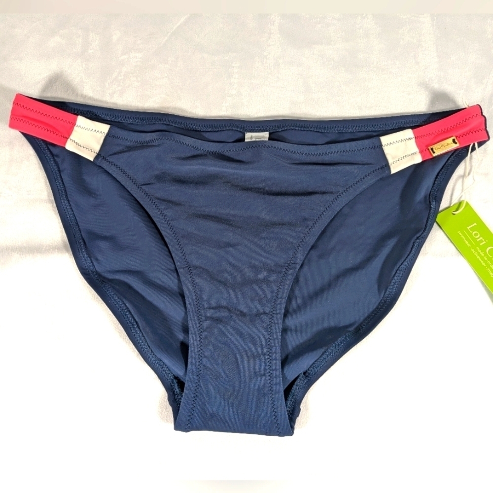 NWT Lori Coulter Blue with Orange & White Accents Low Rise Bikini Bottom Size 8